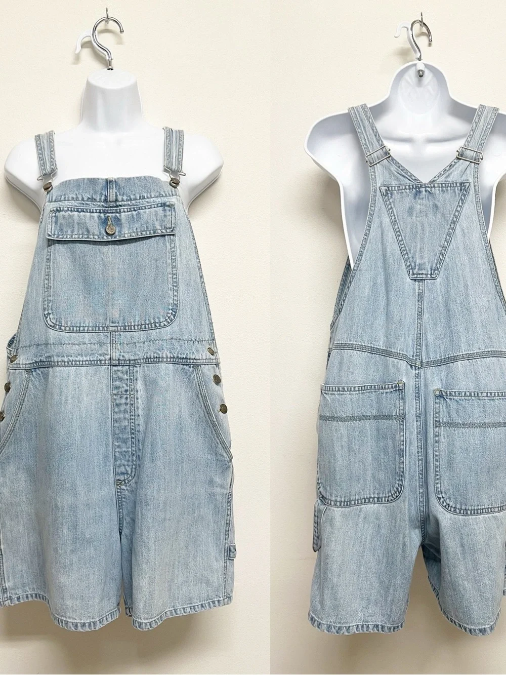 Honors Womens Vintage 90s Y2K Light Wash Denim Carpenter Utility Short Overalls - Picture 2 of 9